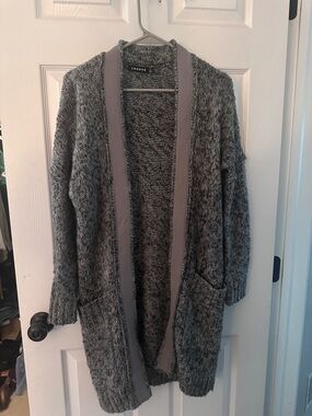 Trouve Gray Marled Open-Front Cardigan with Contrast Trim